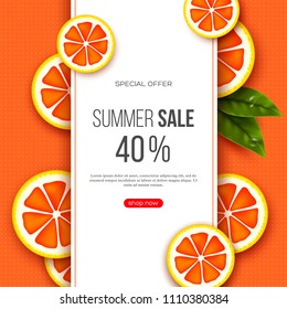 Summer sale banner with sliced grapefruit pieces, leaves and dotted pattern. Orange background - template for seasonal discounts, vector illustration.