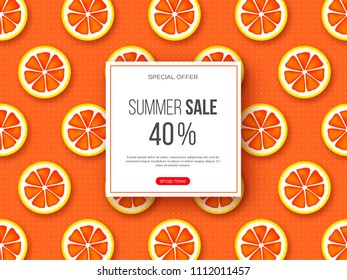 Summer sale banner with sliced grapefruit pieces and dotted pattern. Orange background - template for seasonal discounts, vector illustration.