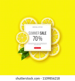 Summer sale banner with sliced lemon pieces, leaves and dotted pattern. Yellow background - template for seasonal discounts, vector illustration.