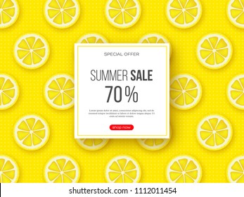 Summer sale banner with sliced lemon pieces and dotted pattern. Yellow background - template for seasonal discounts, vector illustration.