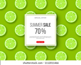 Summer sale banner with sliced lime pieces and dotted pattern. Green background - template for seasonal discounts, vector illustration.