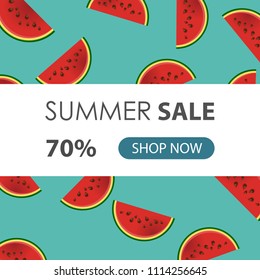 Summer sale banner with sliced watermelon pieces and turquoise background. Template for seasonal discounts.