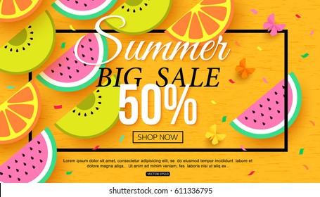 Summer sale banner with slices of fruit on yellow background, vector illustration