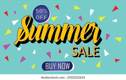 Summer sale banner with small triangle also a 50% off sticker and vector design with dark sky blue