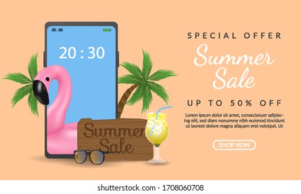 summer sale banner with smartphone, flamingo, and coconut tree illustration