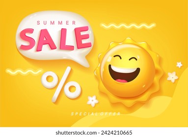 Banner de venta de verano con sol 3d sonriente y promoción de descuentos de temporada caliente. Feliz emoji de sol con oferta especial. Invitación para compras de tiempo limitado con liquidación, plantilla para su diseño. Vector