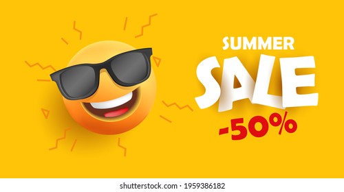 summer sale banner with smiling sun with face in sunglasses with paper sticker text and discount, modern 3d graphic