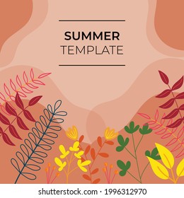 Summer sale banner for social media template or square flier. Vector illustration with hand-drawn floral, leaves, lines element. Fresh color poster, fashion background, and much more