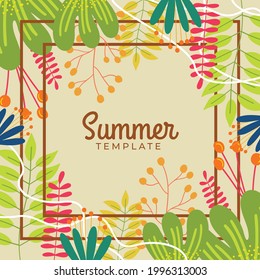 Summer sale banner for social media template or square flier. Vector illustration with hand-drawn floral, leaves, lines element. Fresh color poster, fashion background, and much more