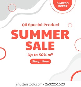 Summer Sale Banner for Social media and Website ads with up to 50% off. Limited Offer. Vector. All Special Products.