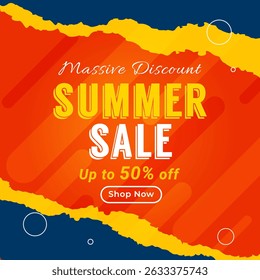 Summer Sale Banner for Social media and Website ads with up to 50% off. Massive Discount. Vector. Shop Now. Summer Sale. 50% Discount. Illustration.
