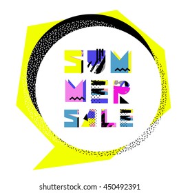 Summer sale  banner. Special offer poster with hand drawn font. For e-commerce, on-line cosmetics shop, fashion & design store. Vector illustration. 80s - 90s retro style.