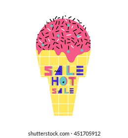 Summer sale banner. Special offer poster with ice cream, hand drawn font. For e-commerce, on-line cosmetics shop, fashion & design store. Vector illustration. 80s - 90s retro style.