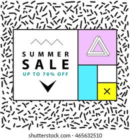 Summer sale banner. Square. Memphis style. Vector illustration. Simple forms