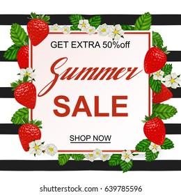 Summer sale banner with strawberries. A seasonal discount. Vector illustration EPS10