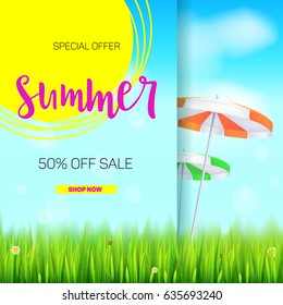 Summer sale banner. Stylish advertisement text poster on blue summer sky backdrop with clouds, sun umbrellas, grass, daisies and ladybugs. Template mock-up for online shopping, advertising actions.
