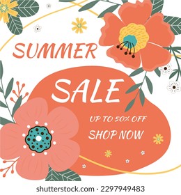 Summer sale banner. Summers flowers and abstract shape on white background.