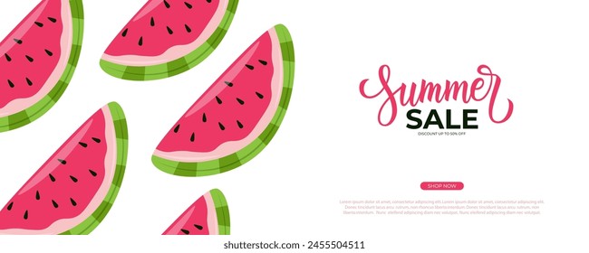 Summer Sale Banner. Summertime commercial background with watermelon slices for seasonal shopping promotion and summer sale advertising. Vector illustration.