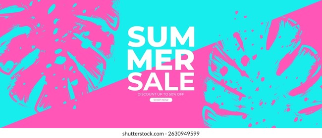 Summer Sale banner. Summertime commercial background with brush stroke tropical leaves for Summer season shopping promotion and sale advertising. Vector illustration.