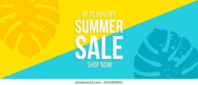 Summer Sale Banner. Summertime season sale commercial background with tropical leaves for retail, summertime seasonal shopping, sale promotion and advertising. Vector illustration.