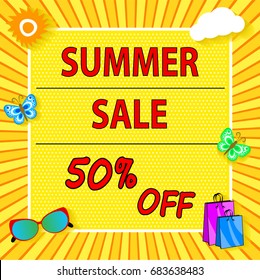 Summer Sale banner with sun, cloud bag icons, bright design. Vector eps 10 format