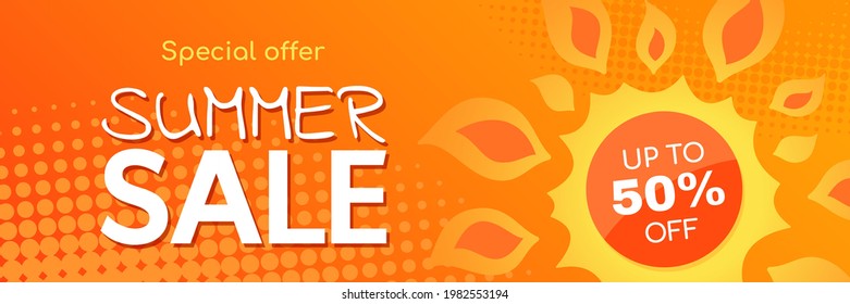 Summer Sale Banner with Sun Design and Hot Colors, Promo Badge for Seasonal Discount