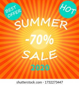 Summer sale banner. Sun rays on a bright colorful background. Design template for print  for banner, flyer, invitation, poster, website or greeting card. Vector illustration.