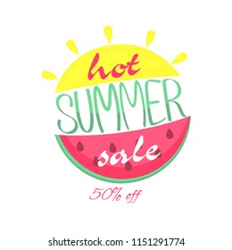 Summer sale banner With Sun and watermelon. Vector illustration