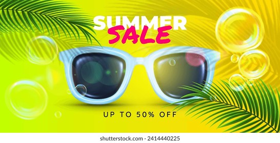 Summer sale banner for sunglasses shop. Discount voucher with palm leaves shadows and flying soap bubbles. 50% Off. 3D vector style.   