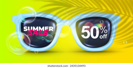 Summer sale banner for sunglasses shop. Discount voucher with palm leaves shadows and flying soap bubbles. 50% Off. 3D vector style.   