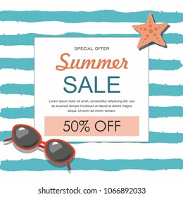 Summer sale banner with sunglasses and starfish Vector illustration