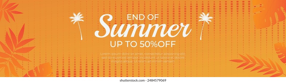 Summer sale banner with sunset tropical design yellow and orange background, vector illustration