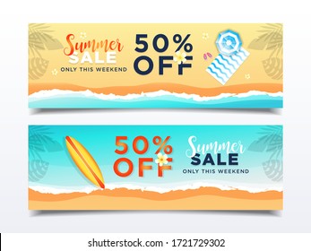 Summer Sale Banner with Surfboard