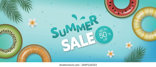 Summer Sale banner with swim rings, palm leaves and flowers