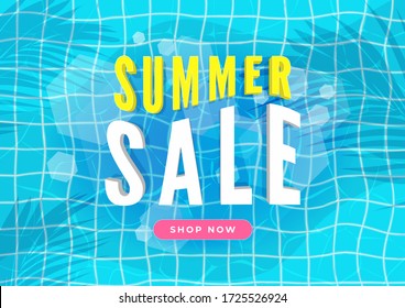 Summer sale banner. Swimming pool with palm leaves shadow top view background.