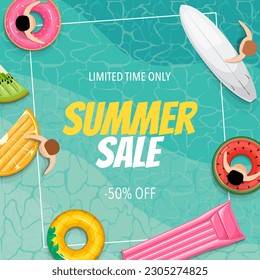 Summer sale banner with swimming pool and colorful floats with relaxing people