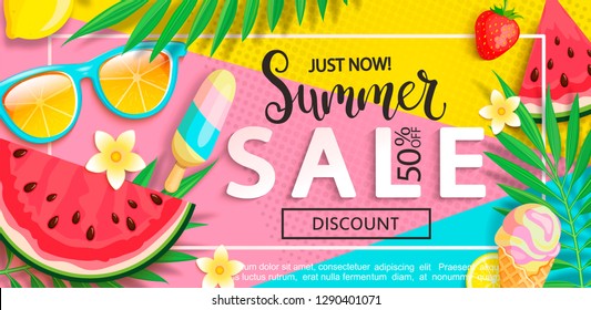 Summer sale banner with symbols for summertime such as ice cream,watermelon,strawberries,sunglasses.Vector illustration of discount template card, wallpaper,flyer,invitation, poster,brochure,voucher.