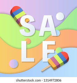 Summer sale banner template 3D pastel gradient colorful popsicle ice cream curve wave background. Idea for both for print and web promotion design