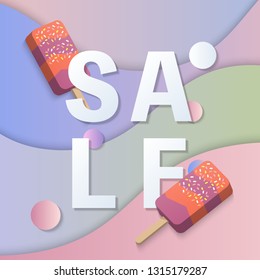 Summer sale banner template 3D pastel gradient colorful popsicle ice cream curve wave background. Idea for both for print and web promotion design