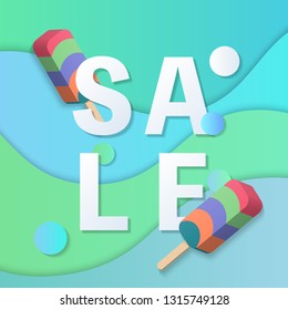 Summer sale banner template. 3D pastel gradient colorful popsicle. ice cream curve wave background. Idea for both for print and web promotion design