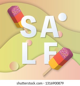 Summer sale banner template 3D pastel gradient colorful popsicle ice cream curve wave background. Idea for both for print and web promotion design