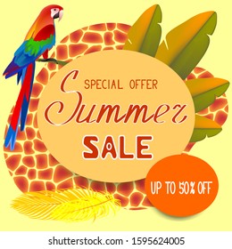 Summer sale banner template. Up to 50 percent. African beige background with banana leaves, parrot, giraffe skin. Vector illustration design for social media banner, advertisement, flyer, poster.