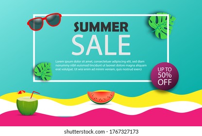 Summer sale banner template up to 50% off text with coconut, tropical leaf, sun glasses and watermelon decoration, vector illustration   - Shutterstock ID 1767327173
