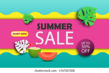 Summer sale banner template up to 50% off text with coconut, tropical leaf, sun glasses and watermelon decoration, vector illustration  