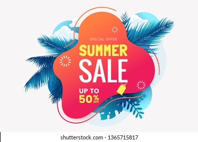 Summer sale banner template. Summer abstract geometric background with palm leaves and clouds. Tropical backdrop. Promo badge for your seasonal design. Vector illustration. - Shutterstock ID 1365715817