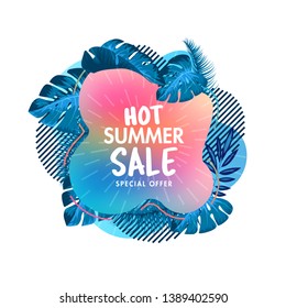 Summer sale banner template. Summer abstract geometric badge and stylized palm leaves. Tropical design. Sales ad template for the summer season
