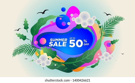 Summer sale banner template. Summer abstract geometric background with palm leaves and clouds. Tropical backdrop. Promo badge for your seasonal design. Vector illustration.