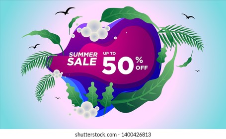 Summer sale banner template. Summer abstract geometric background with palm leaves and clouds. Tropical backdrop. Promo badge for your seasonal design. Vector illustration.

