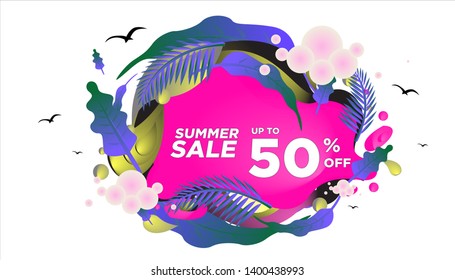 Summer sale banner template. Summer abstract geometric background with palm leaves and clouds. Tropical backdrop. Promo badge for your seasonal design. Vector illustration.
