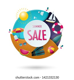 Summer sale banner template. Abstract background with sand, sea and sky. Vector illustration.